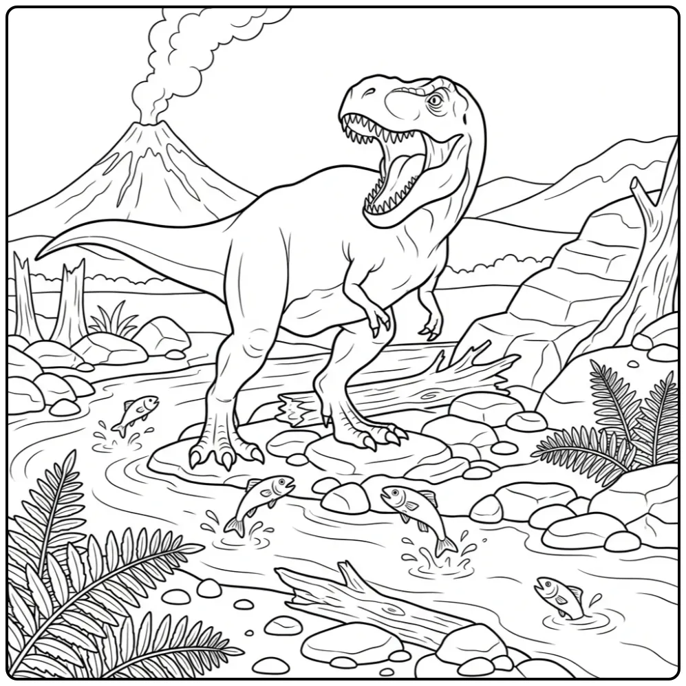 Brullende Tyrannosaurus Rex op deze dino kleurplaat.