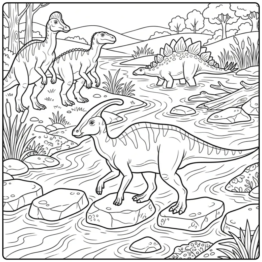 Dino kleurplaat met Parasaurolophus op stapstenen in water