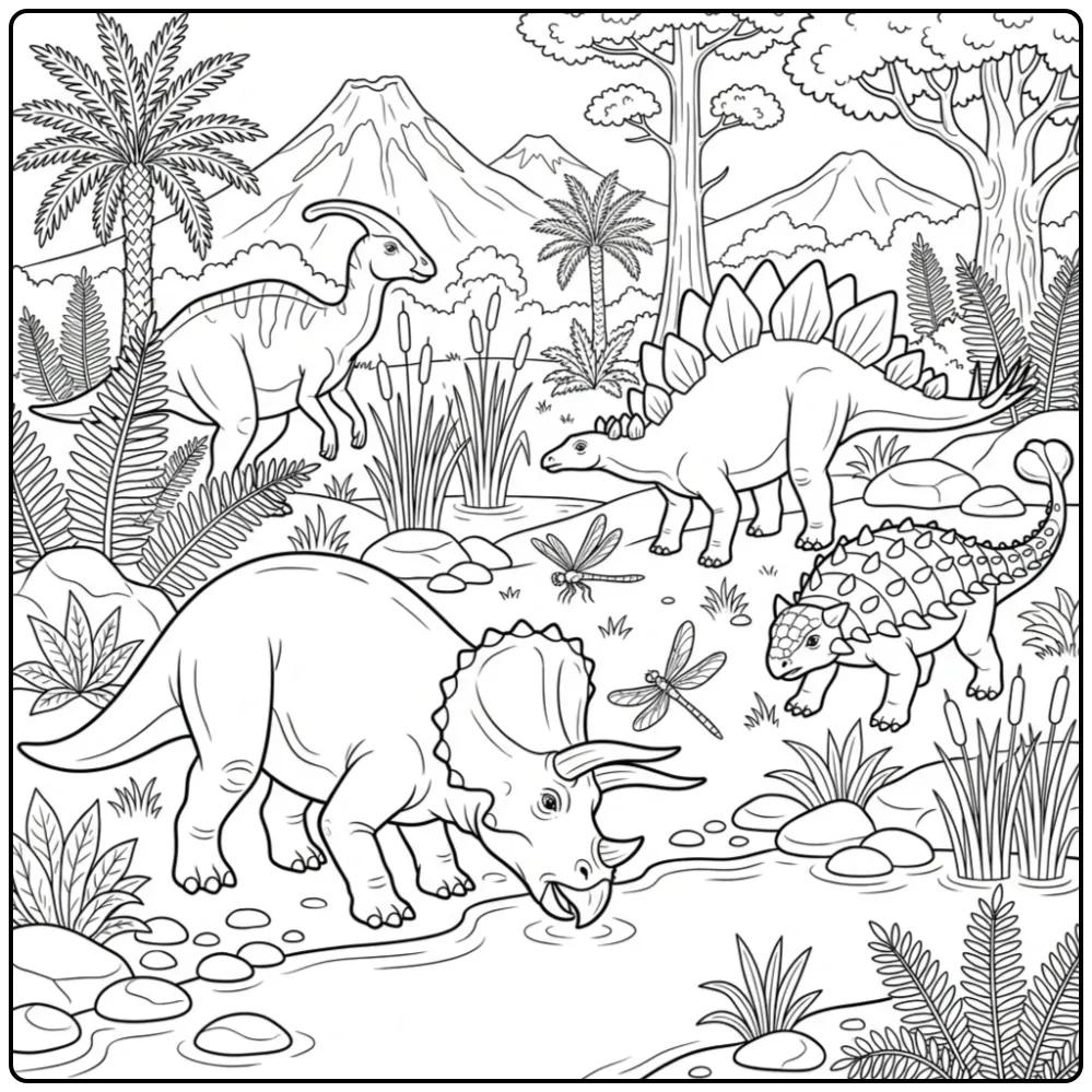 Gedetailleerde dino kleurplaat met triceratops bij het water.