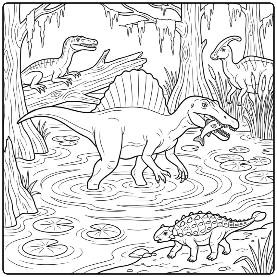 Spinosaurus vangt vis op deze gedetailleerde dino kleurplaat