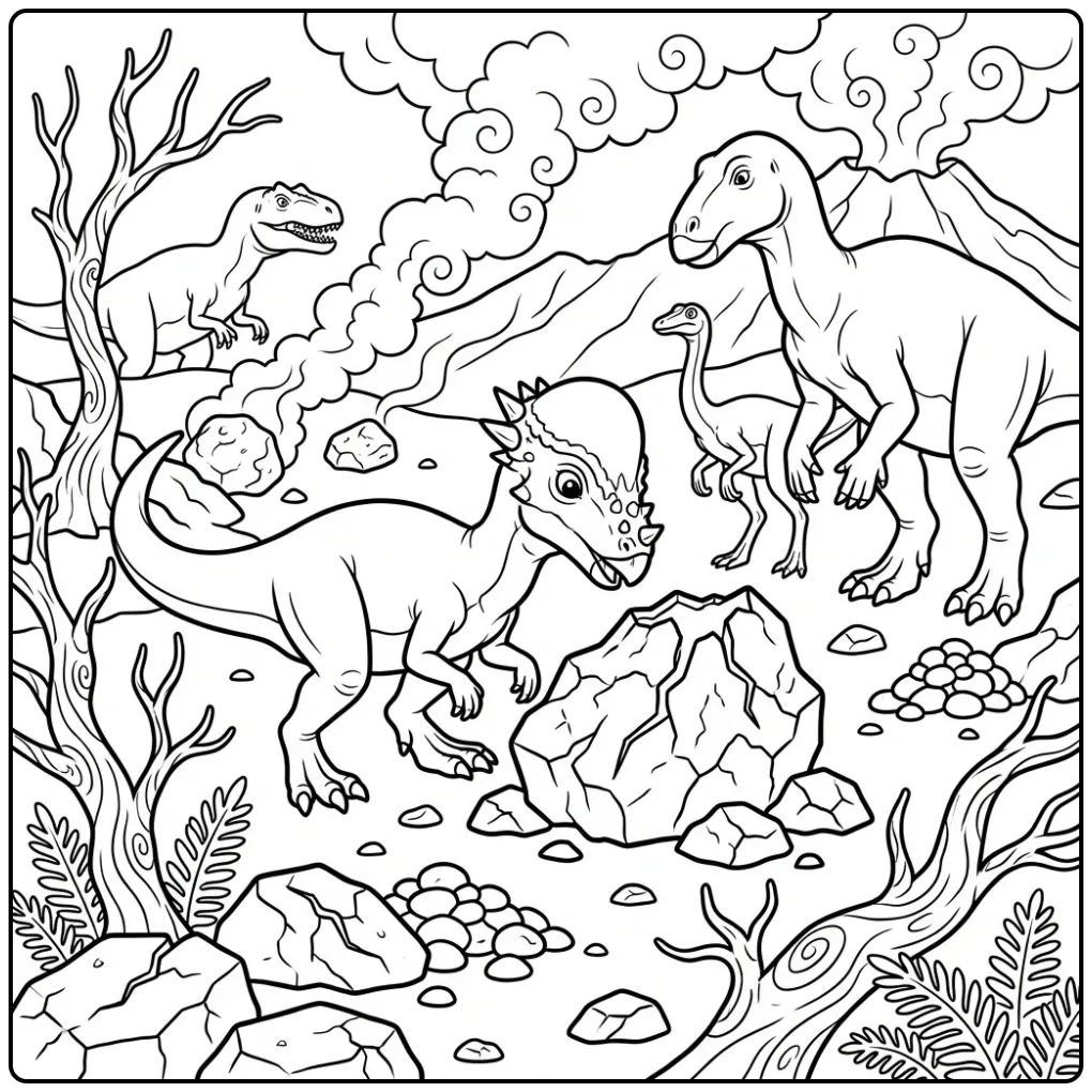 Spannende dino kleurplaat met Pachycephalosaurus en lava