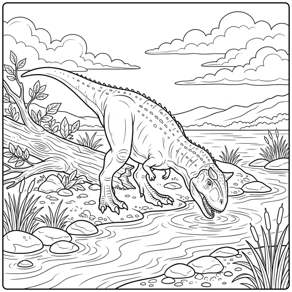 Carnotaurus kleurplaat drinkend aan een rustige rivier.