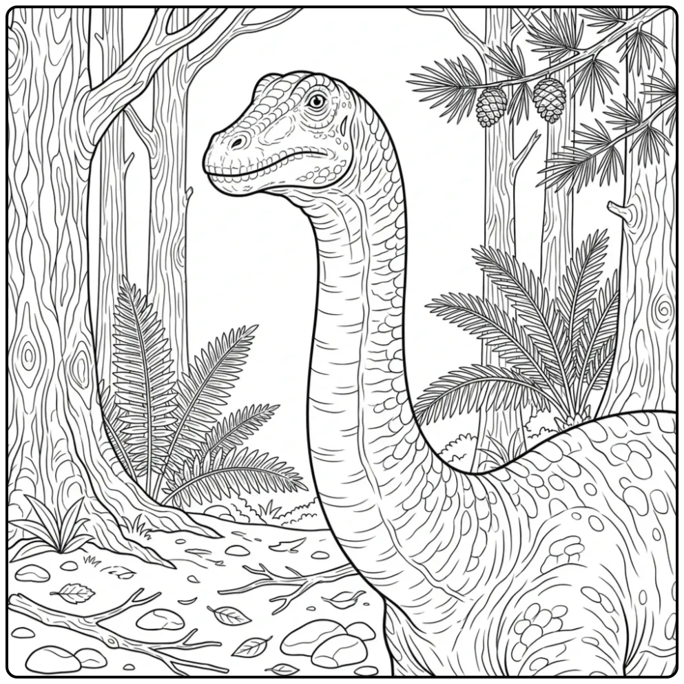 Realistische diplodocus kleurplaat met bosachtergrond.