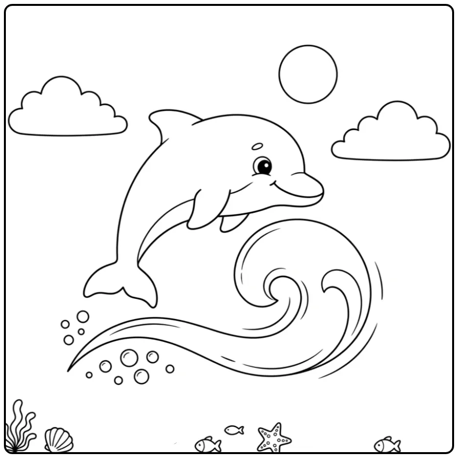 Springende dolfijn kleurplaat makkelijk met een zonnetje.