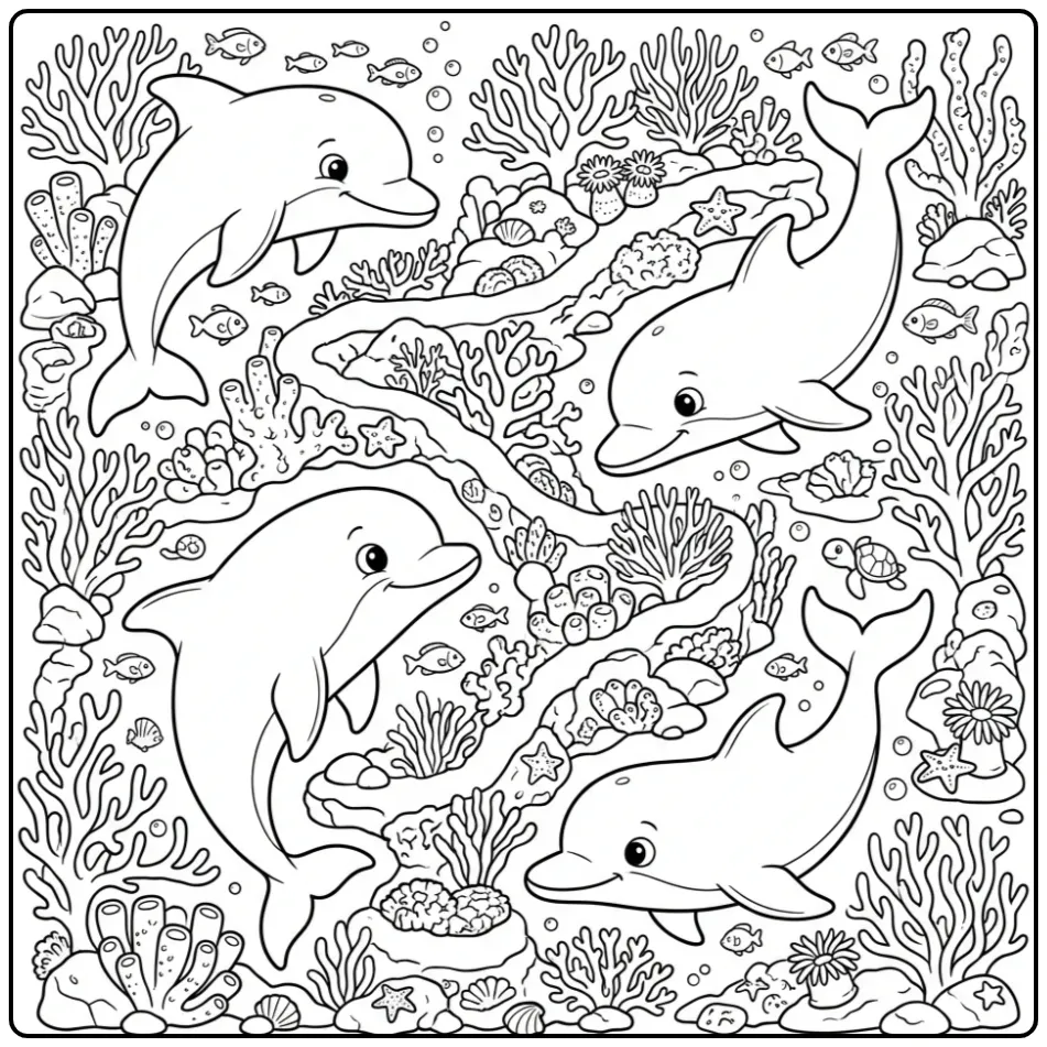 Dolfijn kleurplaat moeilijk met drie dolfijnen in koraalrif.