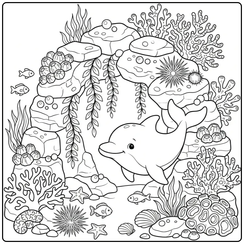 Gedetailleerde dolfijn kleurplaat moeilijk bij een zeegrot.