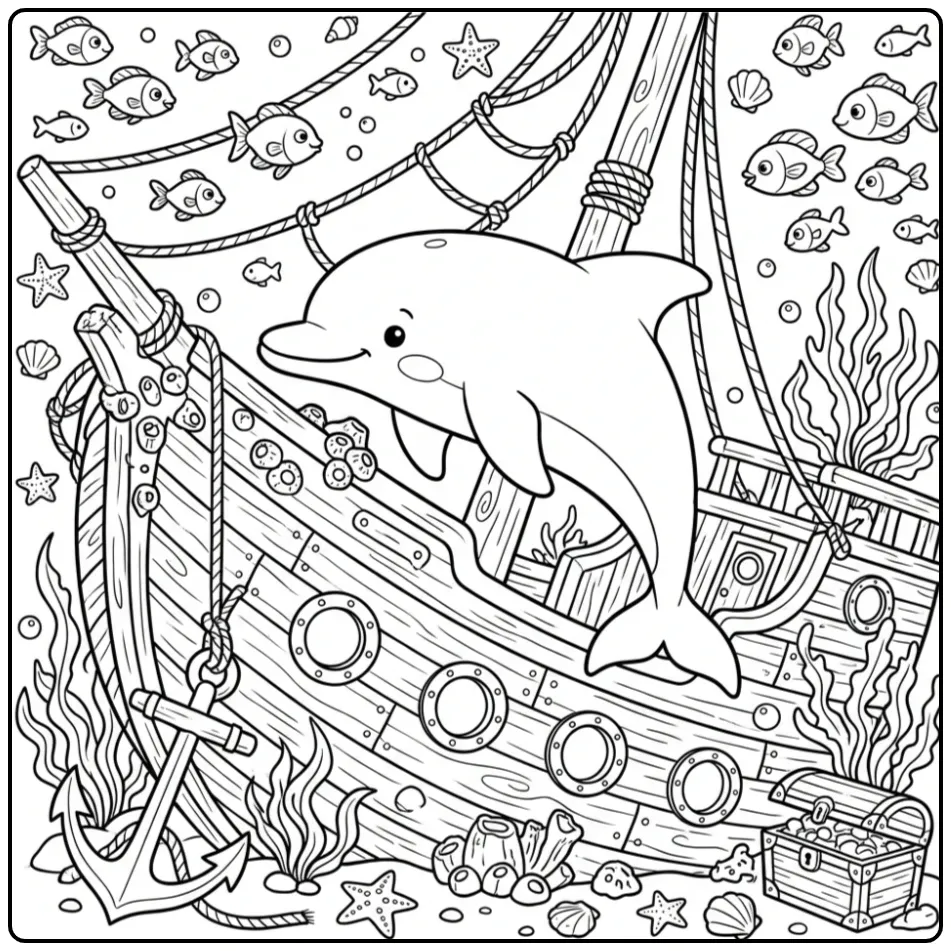 Dolfijn kleurplaat moeilijk: zwemmend langs een oud scheepswrak.