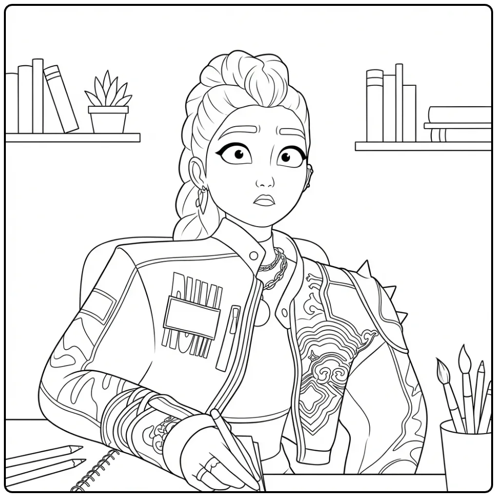 Kleurplaat K-pop Demon Hunters Rumi aan bureau, verbaasde blik.