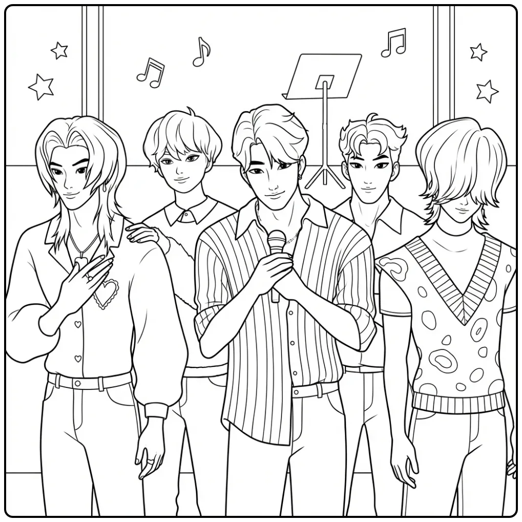 Kleurplaat van Kpop demon hunters, de Saja boys, zingend.