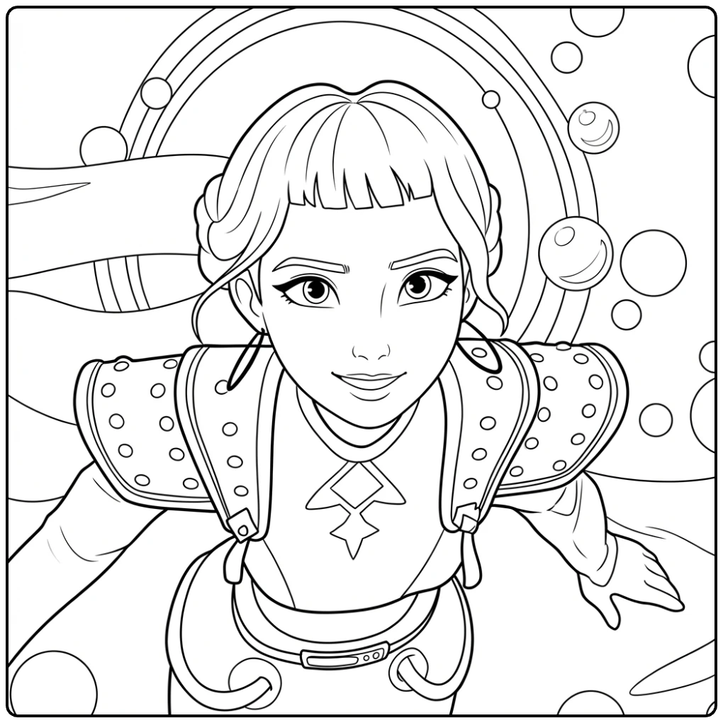 Kpop demon hunters kleurplaat zoey in haar harnas tussen planeten.