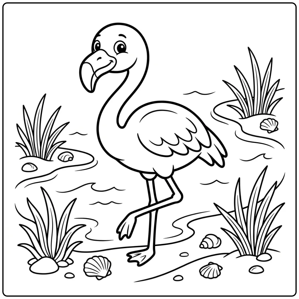 Leuke flamingo kleurplaat makkelijk bij het water.