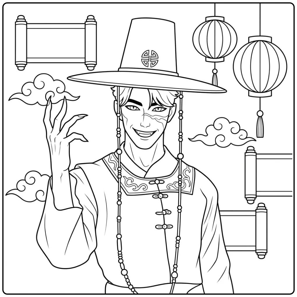 Jinu kpop demon hunters kleurplaat: man met klauwen in hanbok.