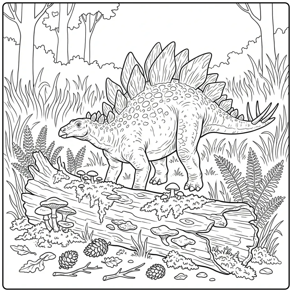 Realistische stegosaurus kleurplaat met boomstam en natuur