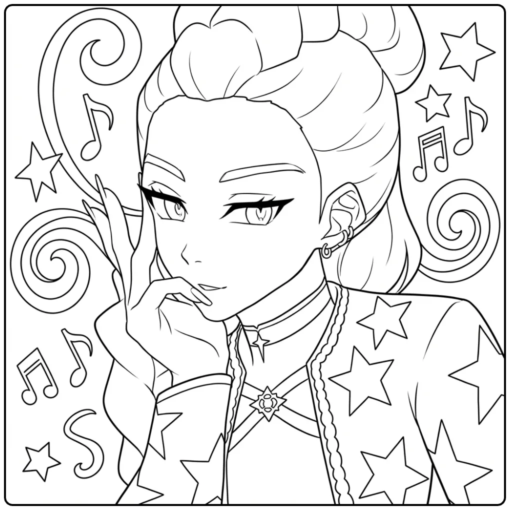 Kleurplaat kpop demon hunters rumi, een meisje met sterren.