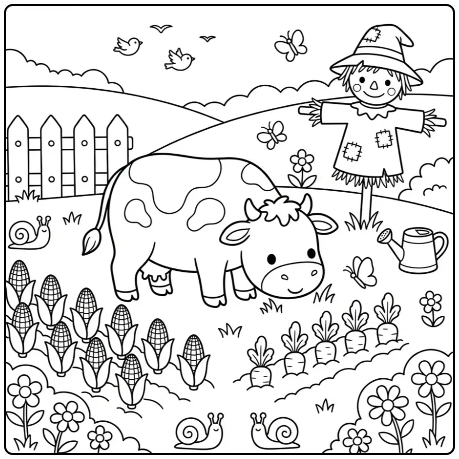 Leuke kleurplaat boerderij koeien met vogelverschrikker.