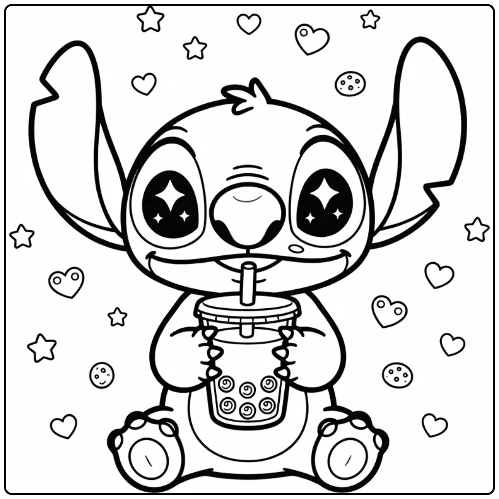 Schattige kleurplaat kawaii stitch met bubble tea en hartjes.