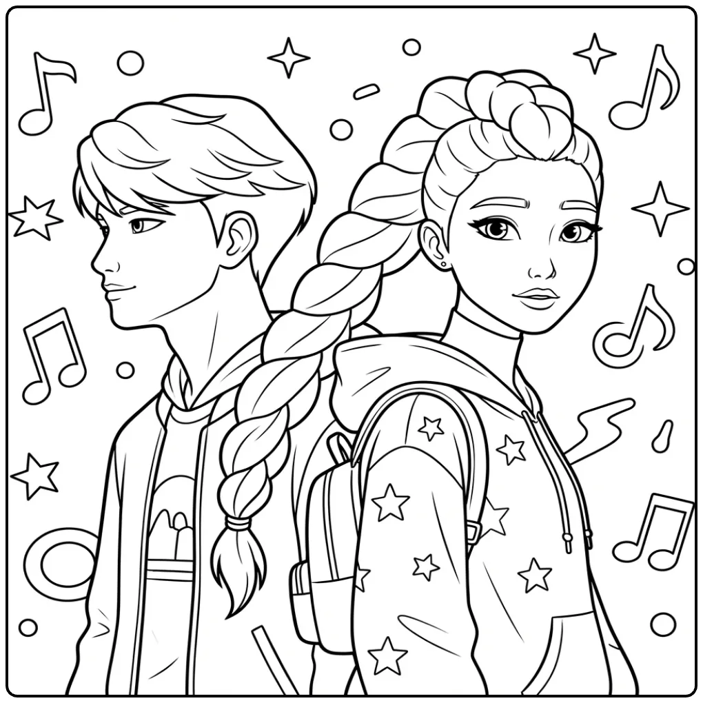 Kleurplaat kpop demon hunters rumi van twee personages.