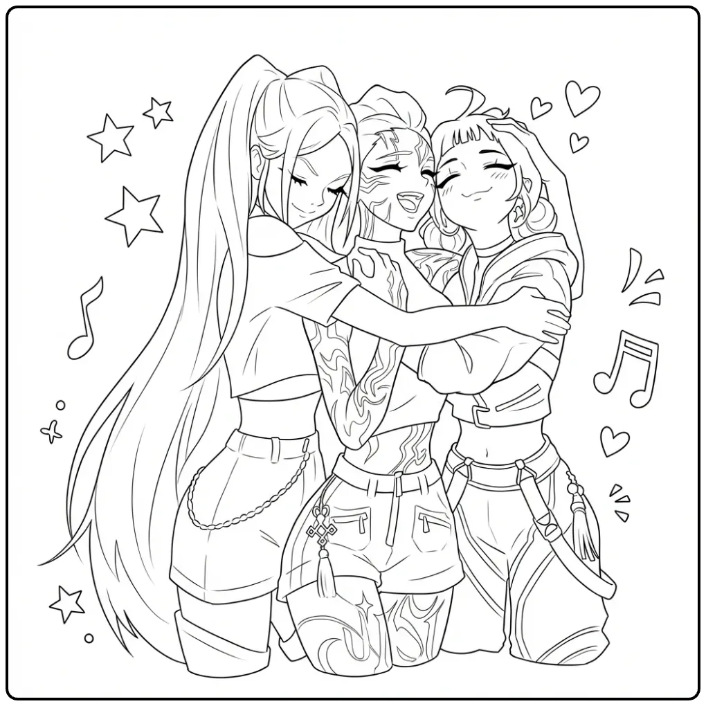 Een kleurplaat kpop demon hunters van drie knuffelende meiden.
