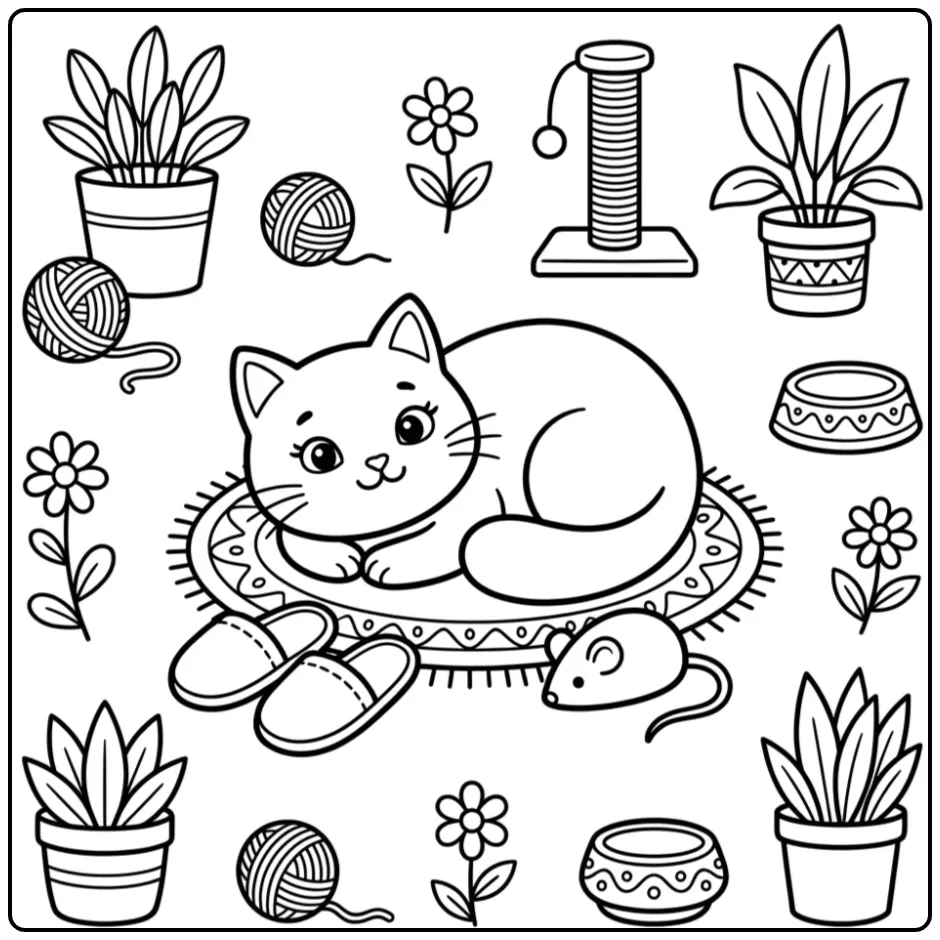 Een leuke kleurplaat poes makkelijk op een matje met slippers.