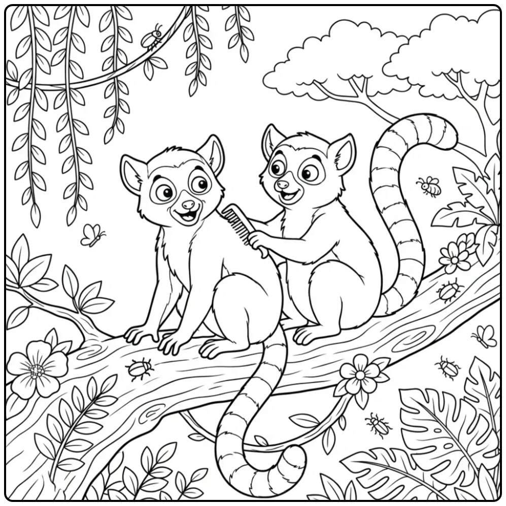 Schattige kleurplaat ringstaartmaki in de jungle.