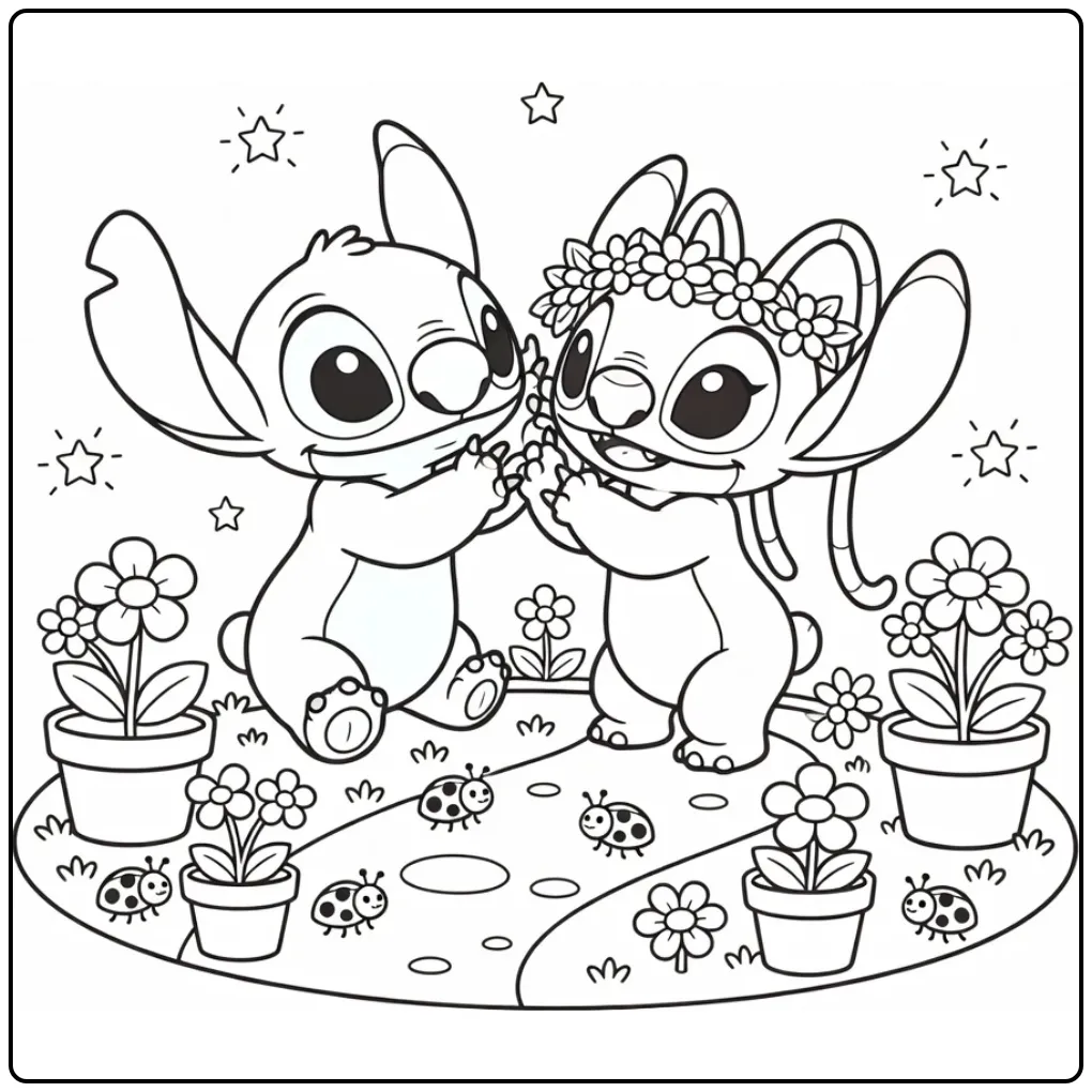 Een kleurplaat stitch en angel schattig in de tuin met bloemen.