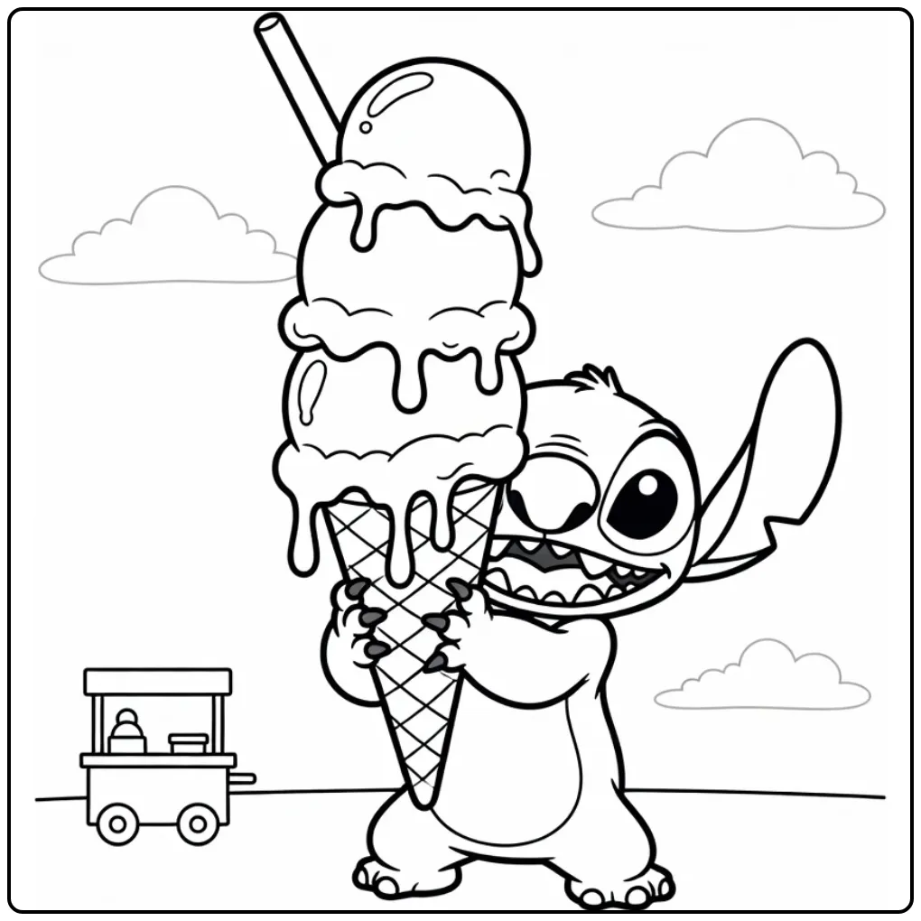 Een leuke kleurplaat stitch ijsje met drie grote bollen.