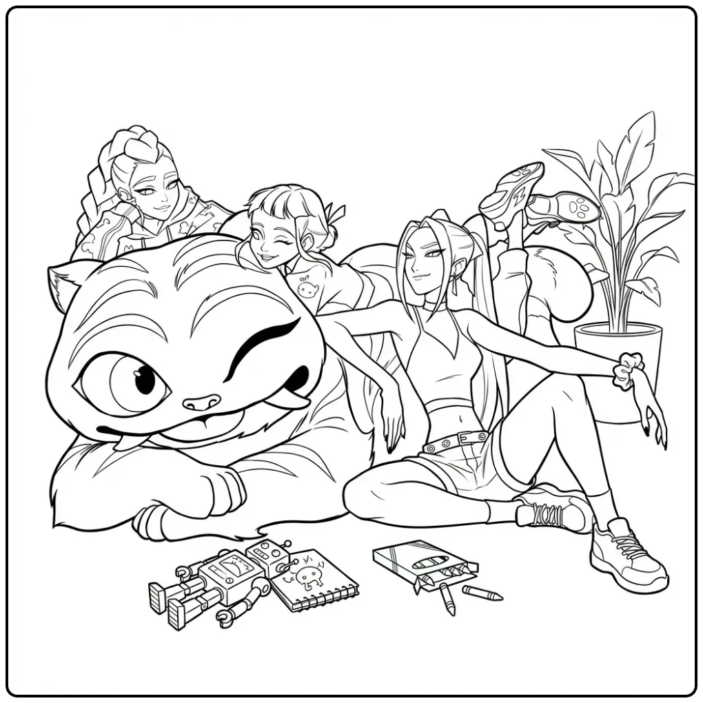 Drie meisjes en een grote kat op kpop demon hunters kleurplaat.