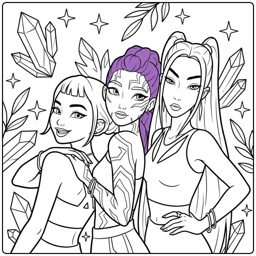 Kleurplaat van drie kpop demon hunters met kristallen en bladeren.