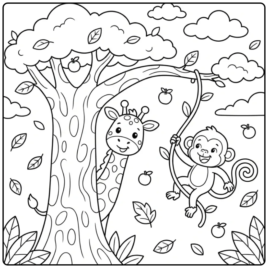 Een schattige giraffe kleurplaat met een vrolijk aapje.