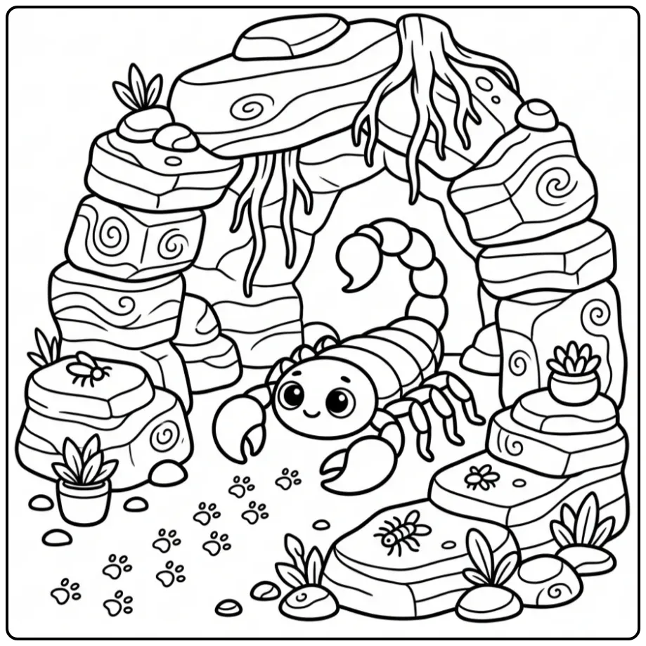 Leuke kleurplaat schorpioen in een gezellige rotsholte.