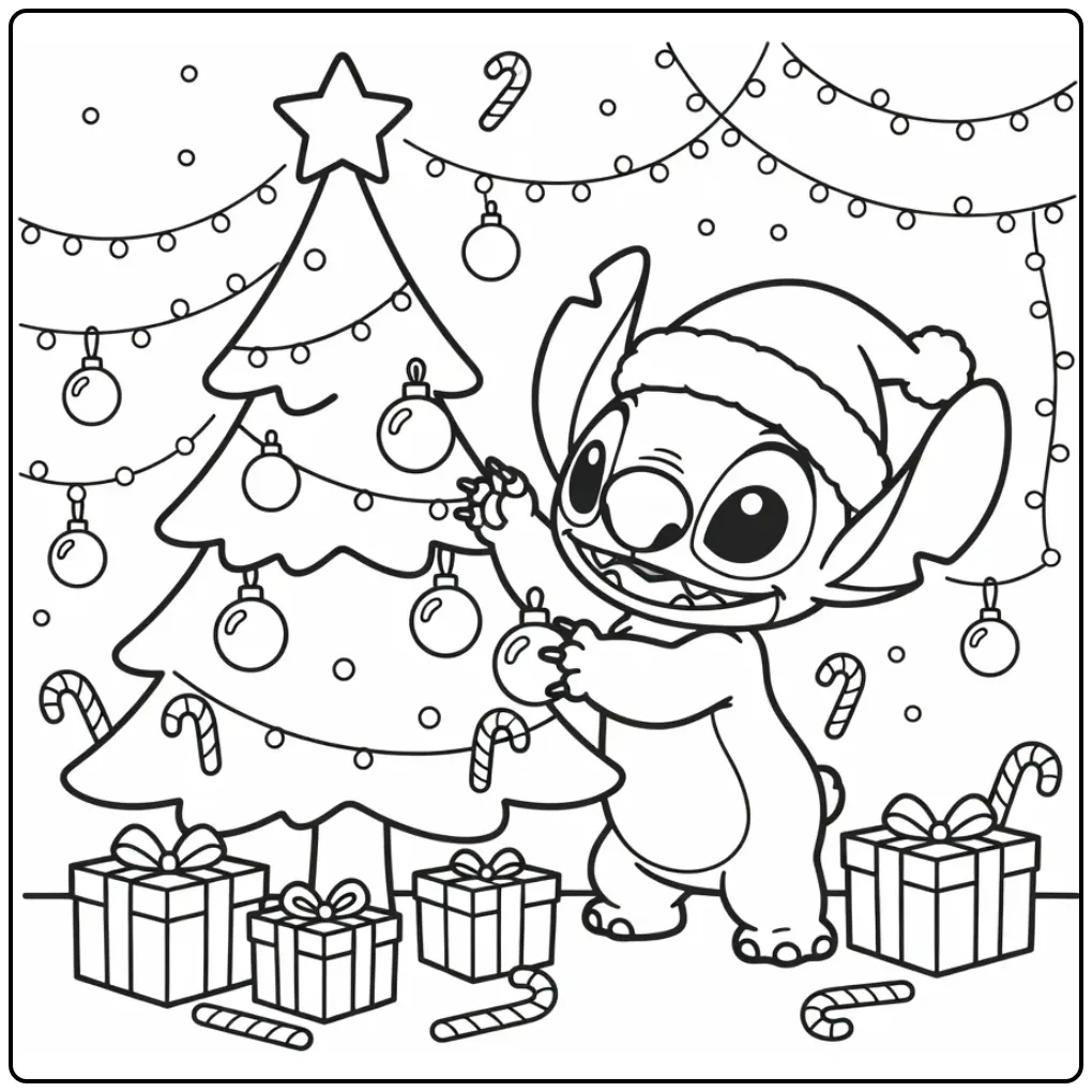Stitch kleurplaat schattig kerst met muts bij de kerstboom.