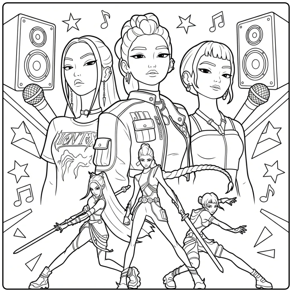 Stoere kleurplaat kpop demon hunters met zangeressen en strijders.