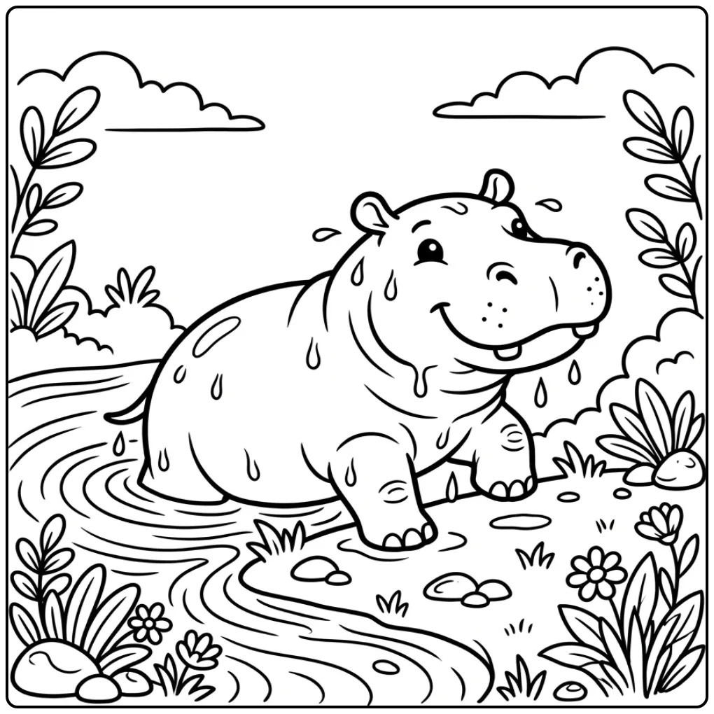 Leuke kleurplaat nijlpaard stapt uit de rivier op de oever.