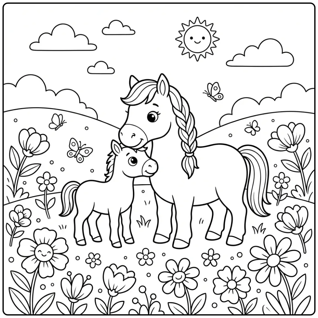 Schattige kleurplaat paard met veulen in een weide met bloemen.