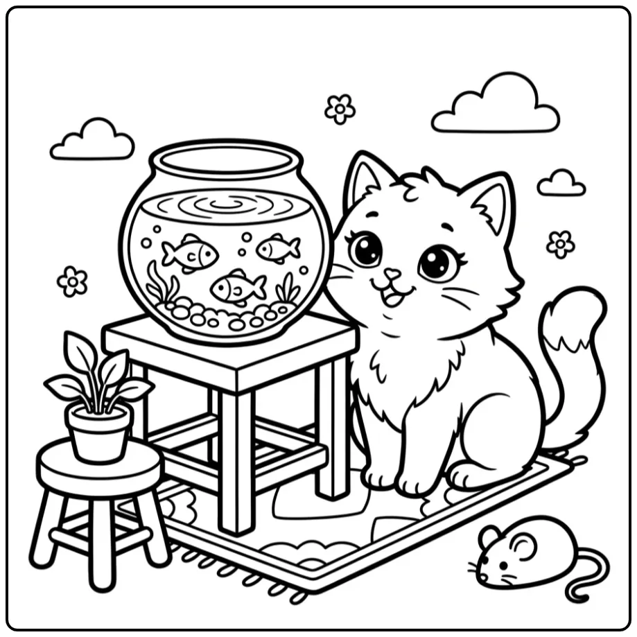 Kleurplaat schattige poes kijkt nieuwsgierig naar een vissenkom.