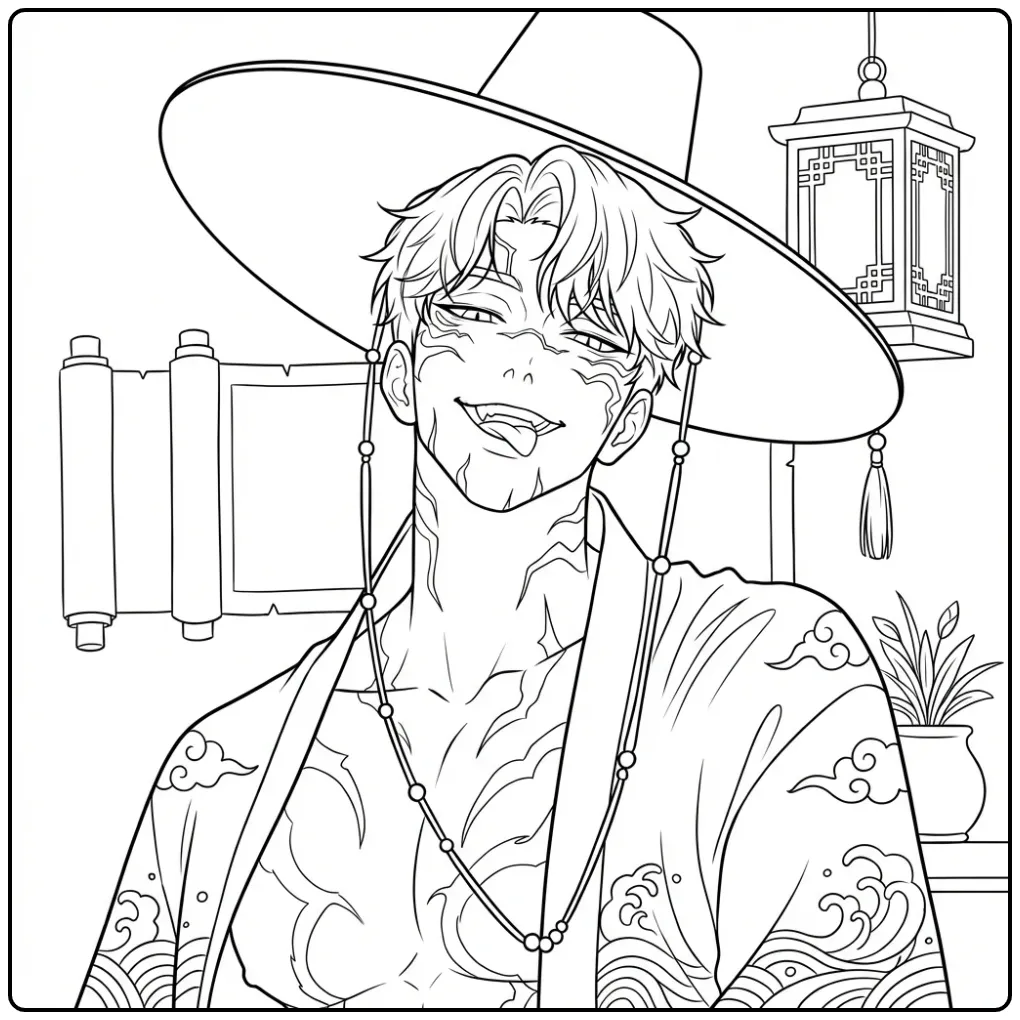 Jinu Kpop demon hunters kleurplaat met hoed en lampion.