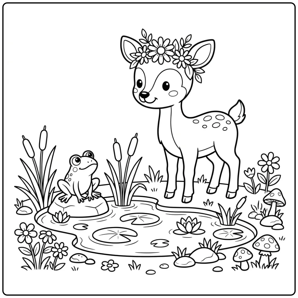 Kleurplaat schattig hertje met bloemenkroon en kikker.