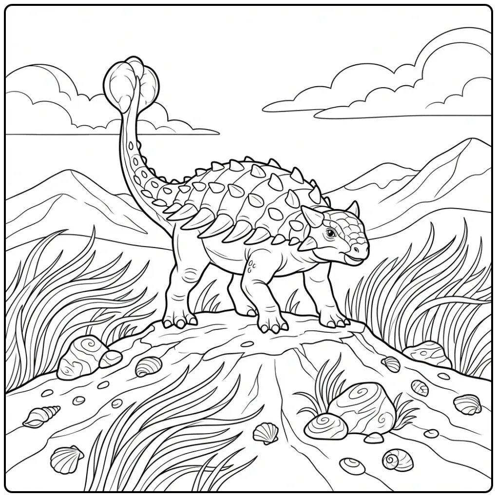 Stoere ankylosaurus kleurplaat op een winderige heuvel.