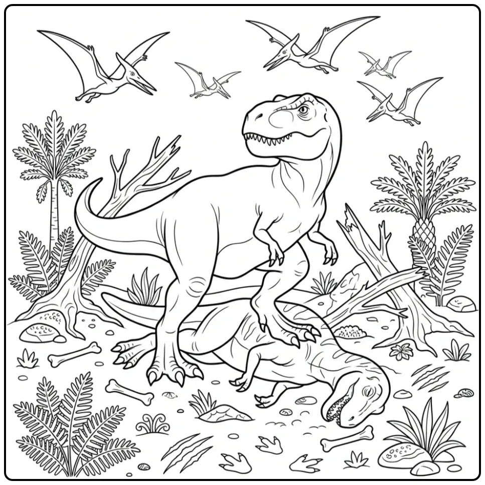 Spannende t rex kleurplaat met prooi en botten.