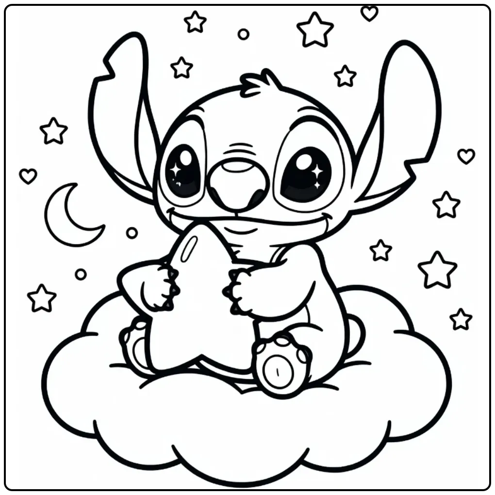 Schattige kleurplaat kawaii stitch op een zachte wolk.