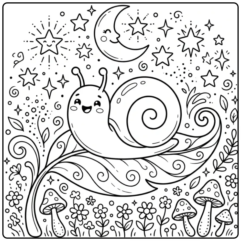 Schattige kleurplaat slak onder een sterrenhemel en maansikkel.