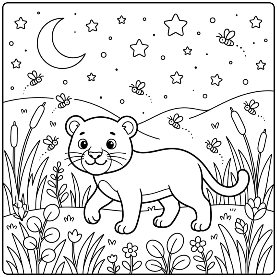 Nachtelijke kleurplaat panter schattig met vuurvliegjes.