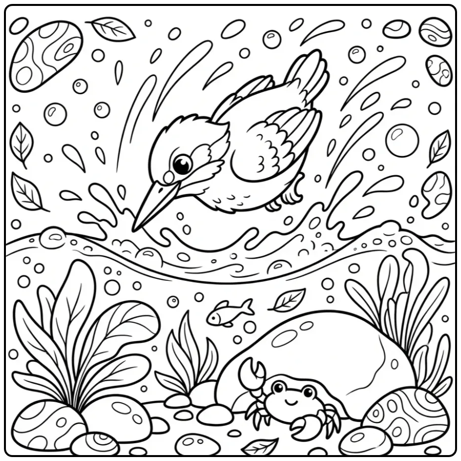 Cartoon kleurplaat ijsvogel duikend in beek met een krabje.