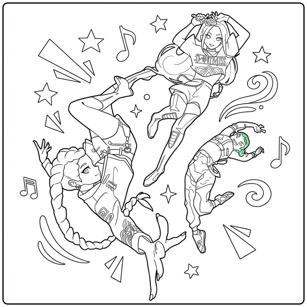 Een gedetailleerde kleurplaat kpop demon hunters met drie meisjes.