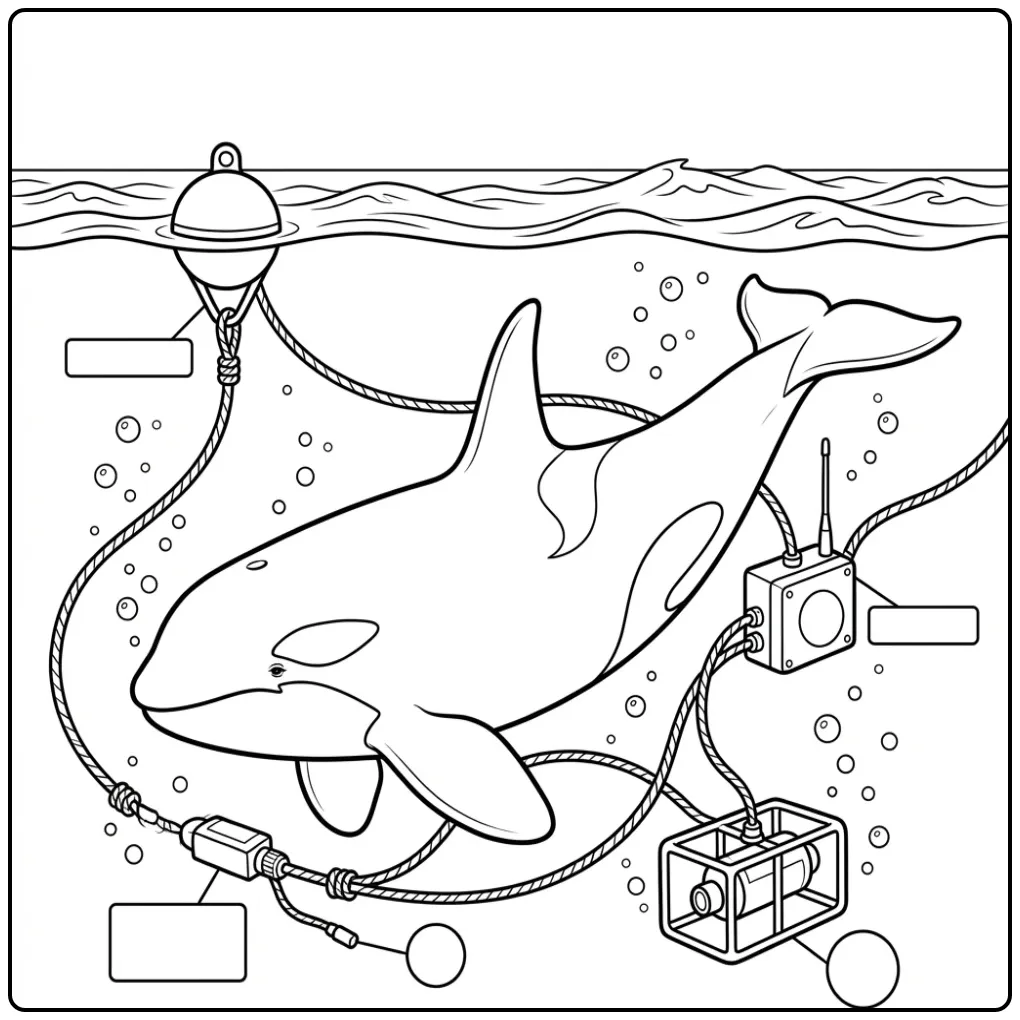 Realistische orka kleurplaat met wetenschappelijke boei.