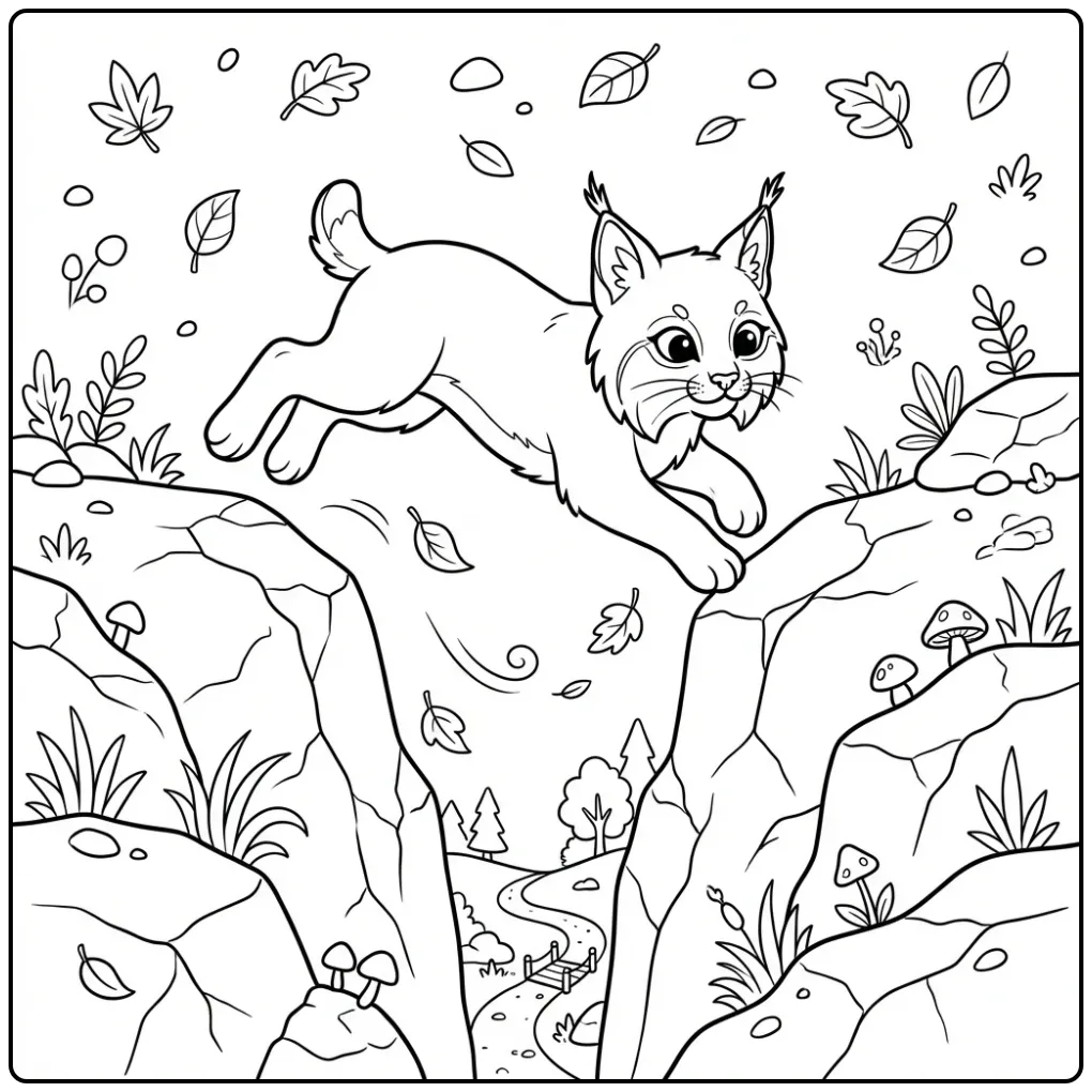 Schattige kleurplaat lynx die over grote rotsen springt.