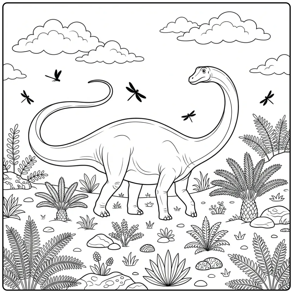 Realistische diplodocus kleurplaat wandelend door varens.