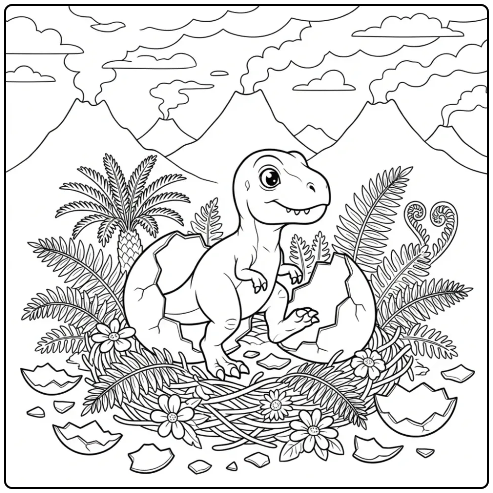 Schattige baby t rex kleurplaat die uit een ei komt.