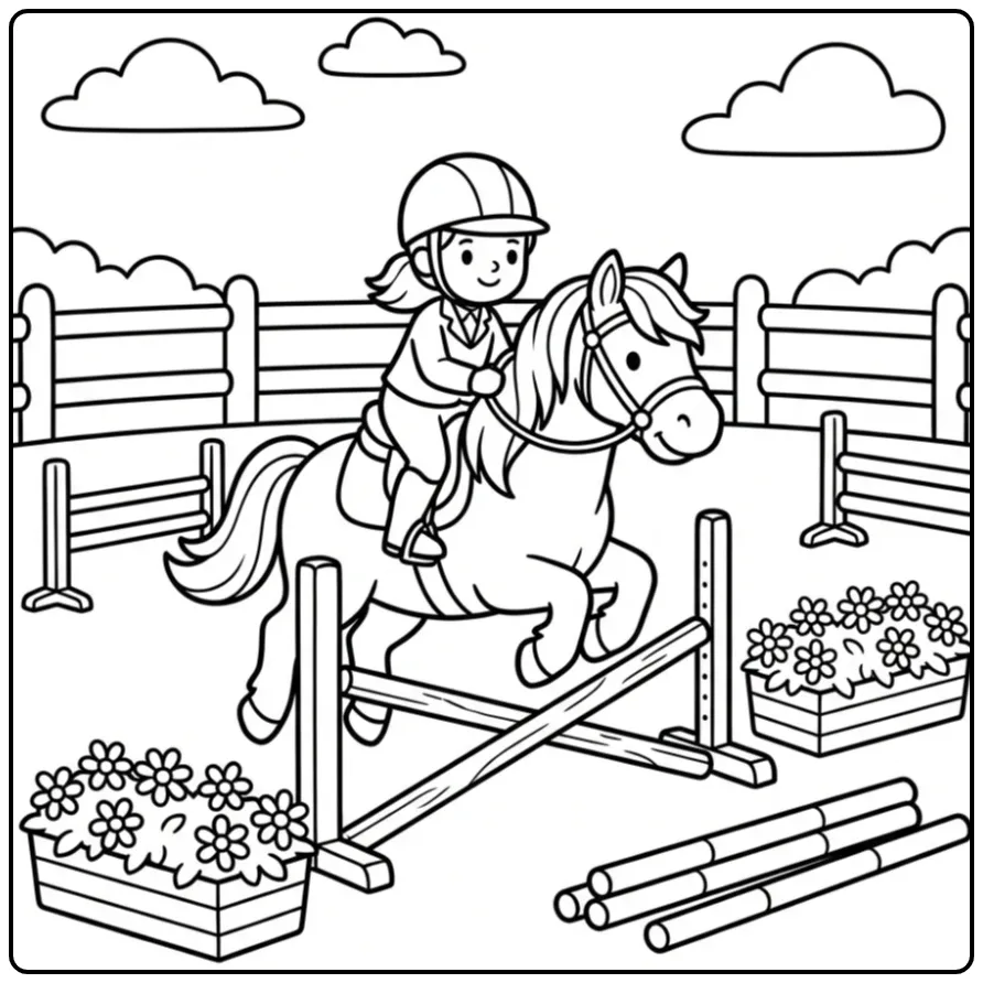 Schattige kleurplaat paard met ruiter springen over balk.