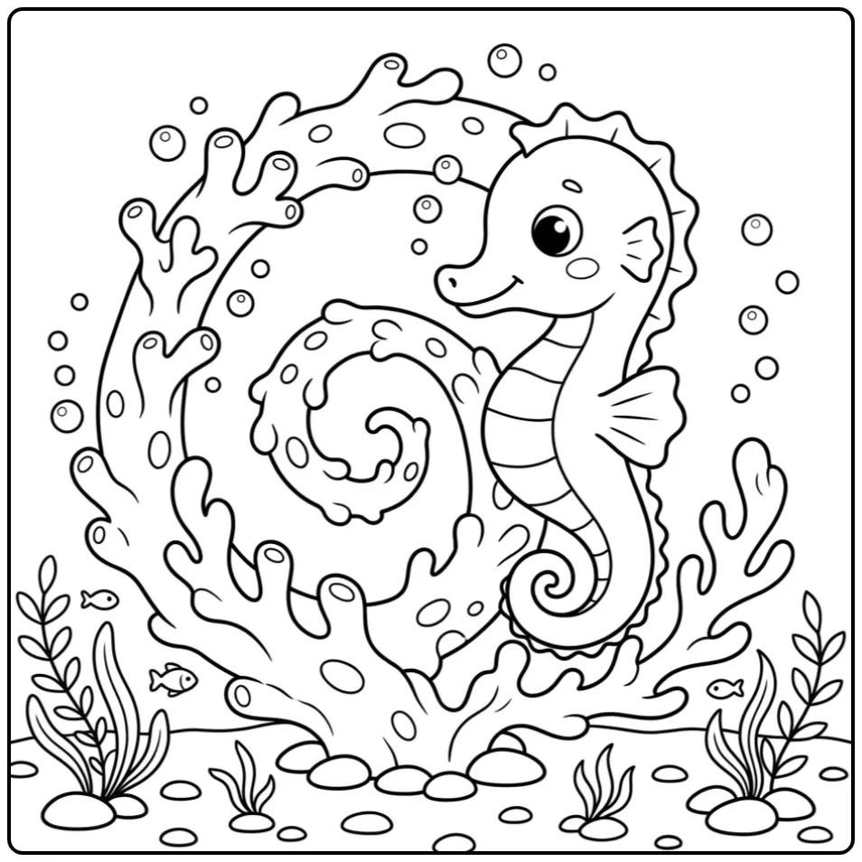 Schattige kleurplaat zeepaardje zwemmend door spiraal koraal